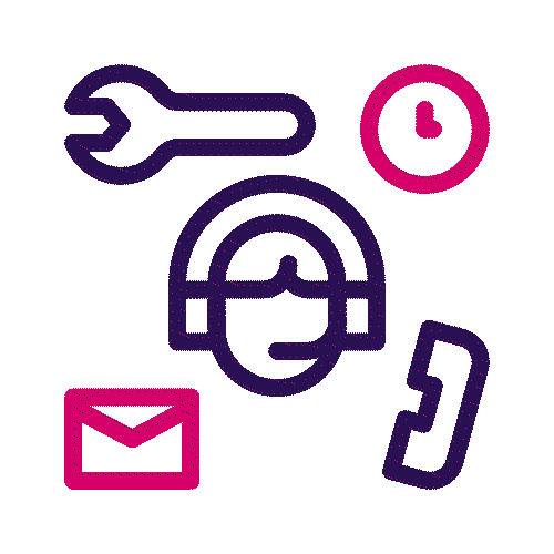 Animated icon of a wrench, clock, customer service agency, phone and letter